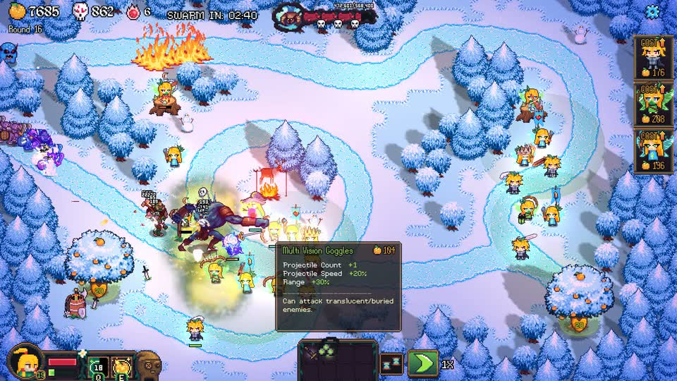 Tangy TD inventory and combat systems showing build-crafting and item interactions.